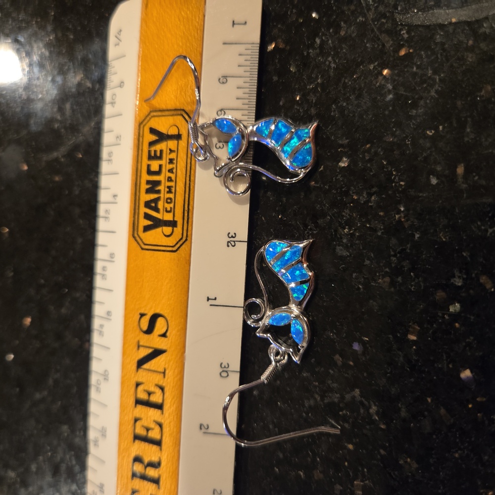 Created Blue Opaline Cat Earrings Sterling Silver Kitty Stylized Dangle … - Picture 9 of 9